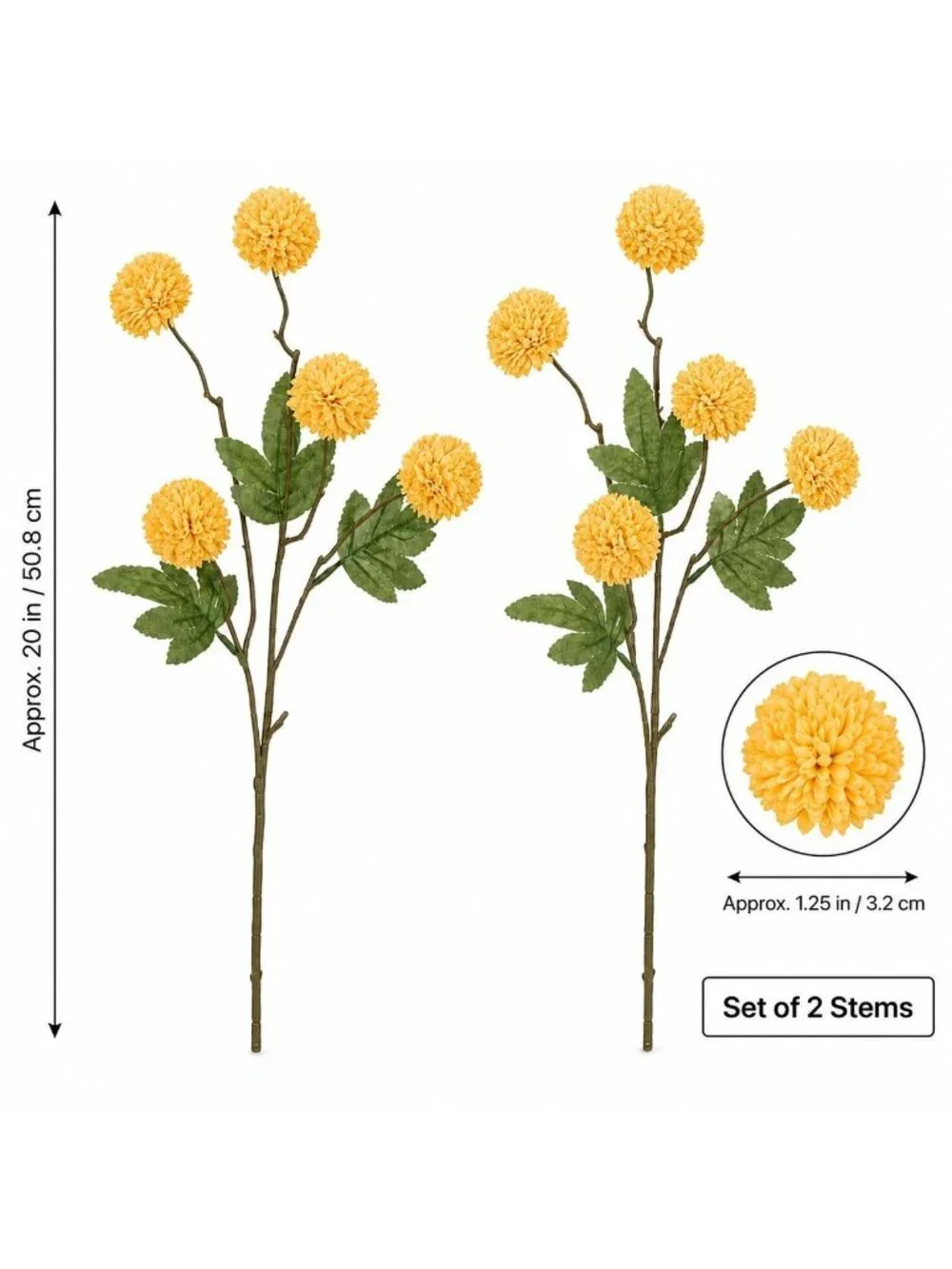 Light Autumn Yellow Pom Pom Chrysanthemum Stems Set of 2, 20 Inch Faux Silk Flow